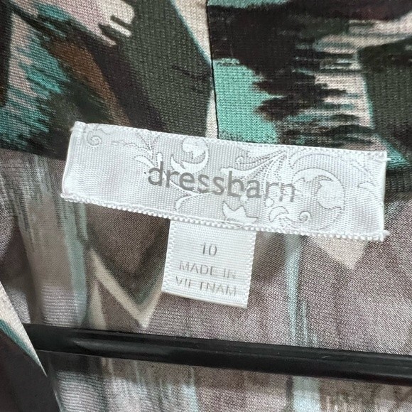 Flattering ruched brown tan and aqua wrap geometric print dress size 10 - Picture 7 of 8